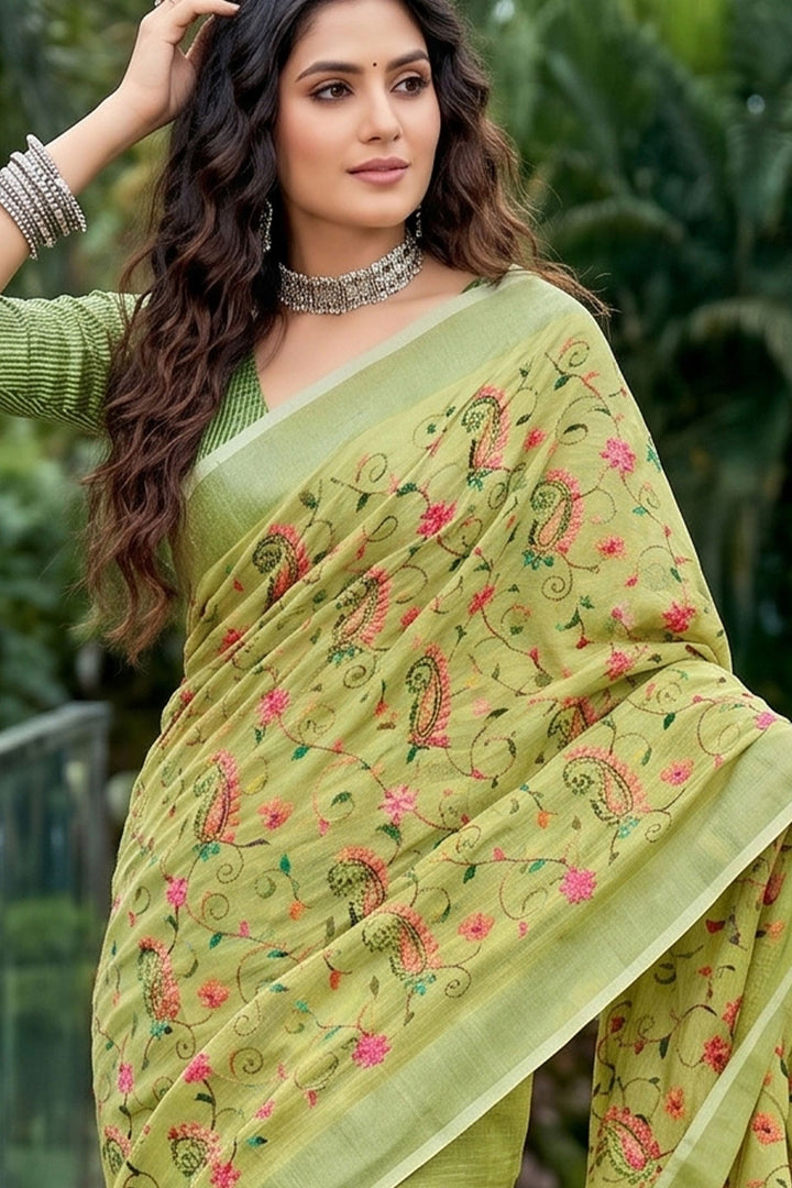 Amazing Yellow Linen Embroidered Saree | Buy Online India