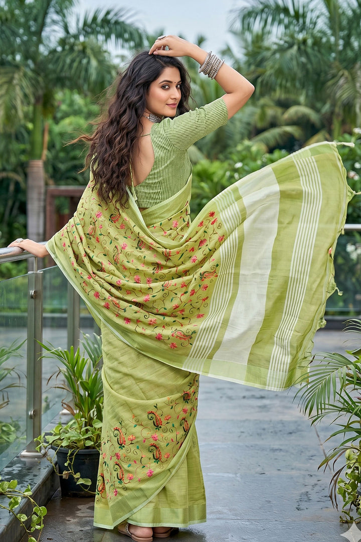 Amazing Yellow Linen Embroidered Saree | Buy Online India