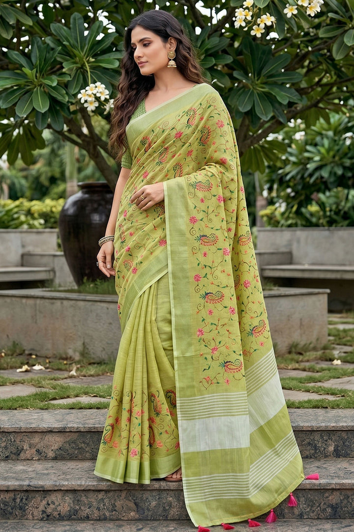Amazing Yellow Linen Embroidered Saree | Buy Online India