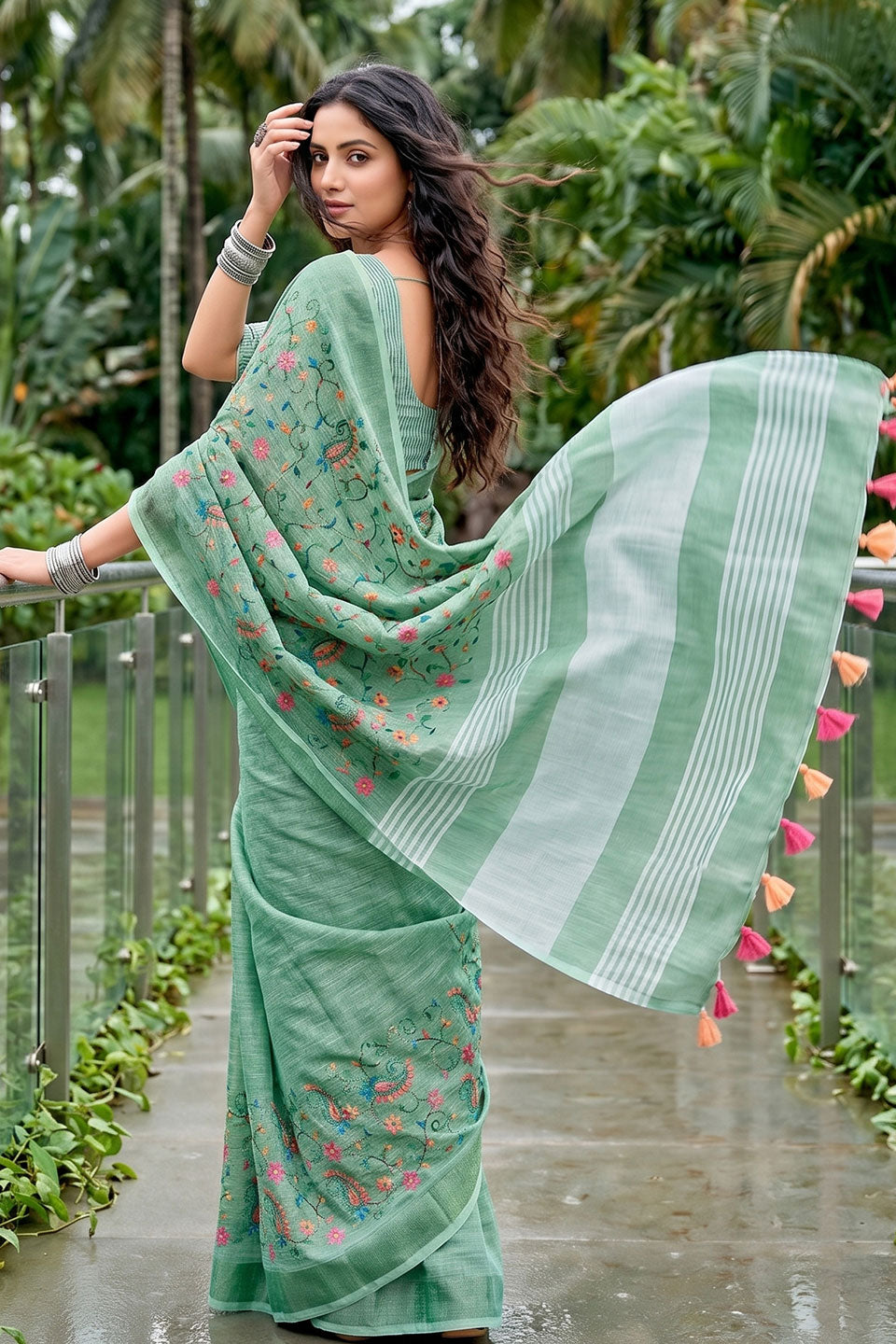 Trendy Linen Sea Green Color Embroidered Saree | Buy Online India
