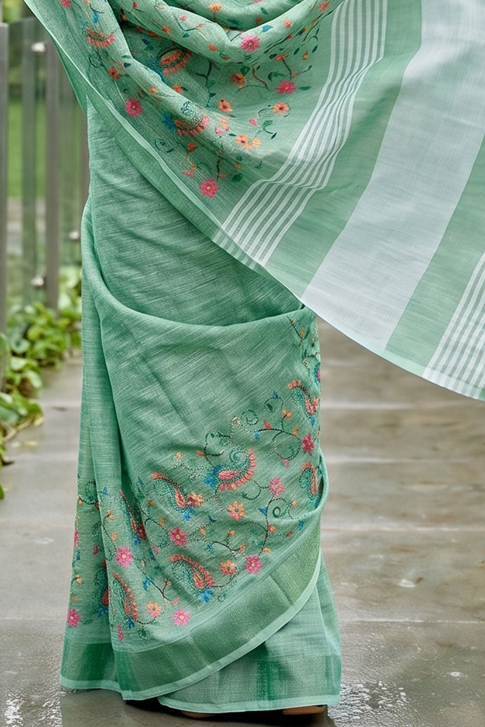 Trendy Linen Sea Green Color Embroidered Saree | Buy Online India