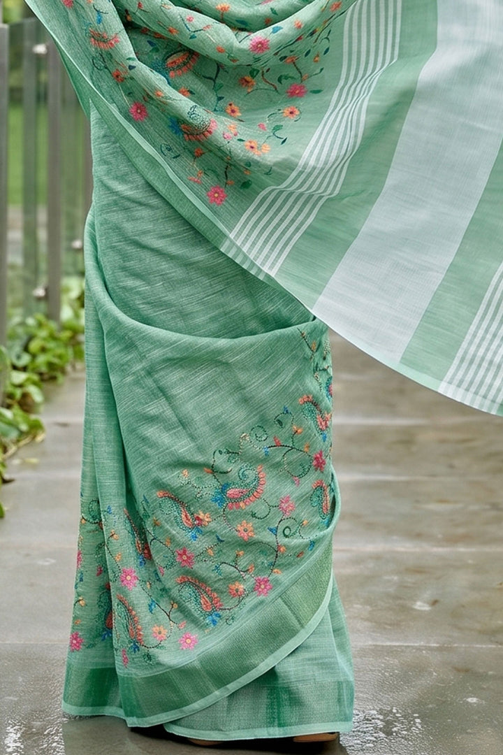 Trendy Linen Sea Green Color Embroidered Saree | Buy Online India