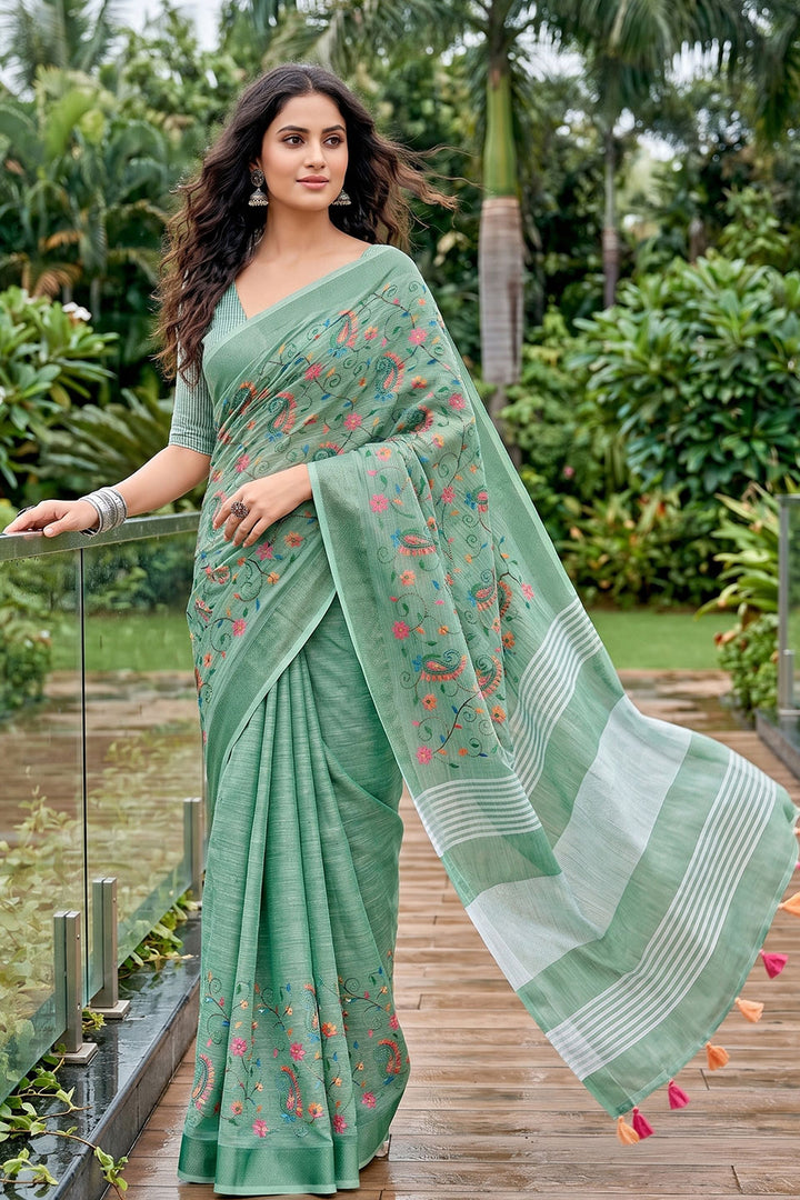 Trendy Linen Sea Green Color Embroidered Saree | Buy Online India
