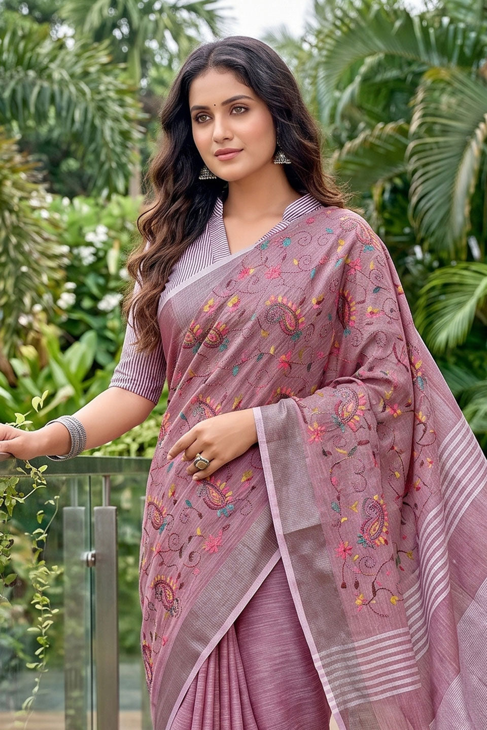 Graceful Linen Purple Embroidered Saree | Buy Online India