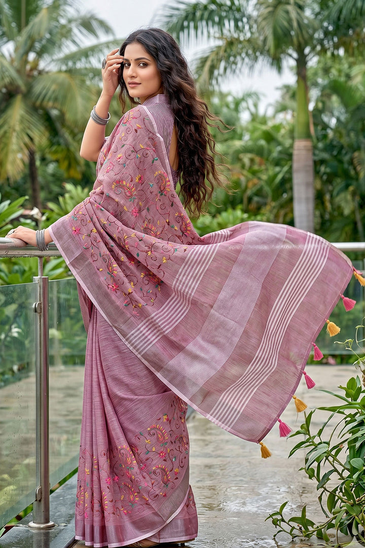 Graceful Linen Purple Embroidered Saree | Buy Online India