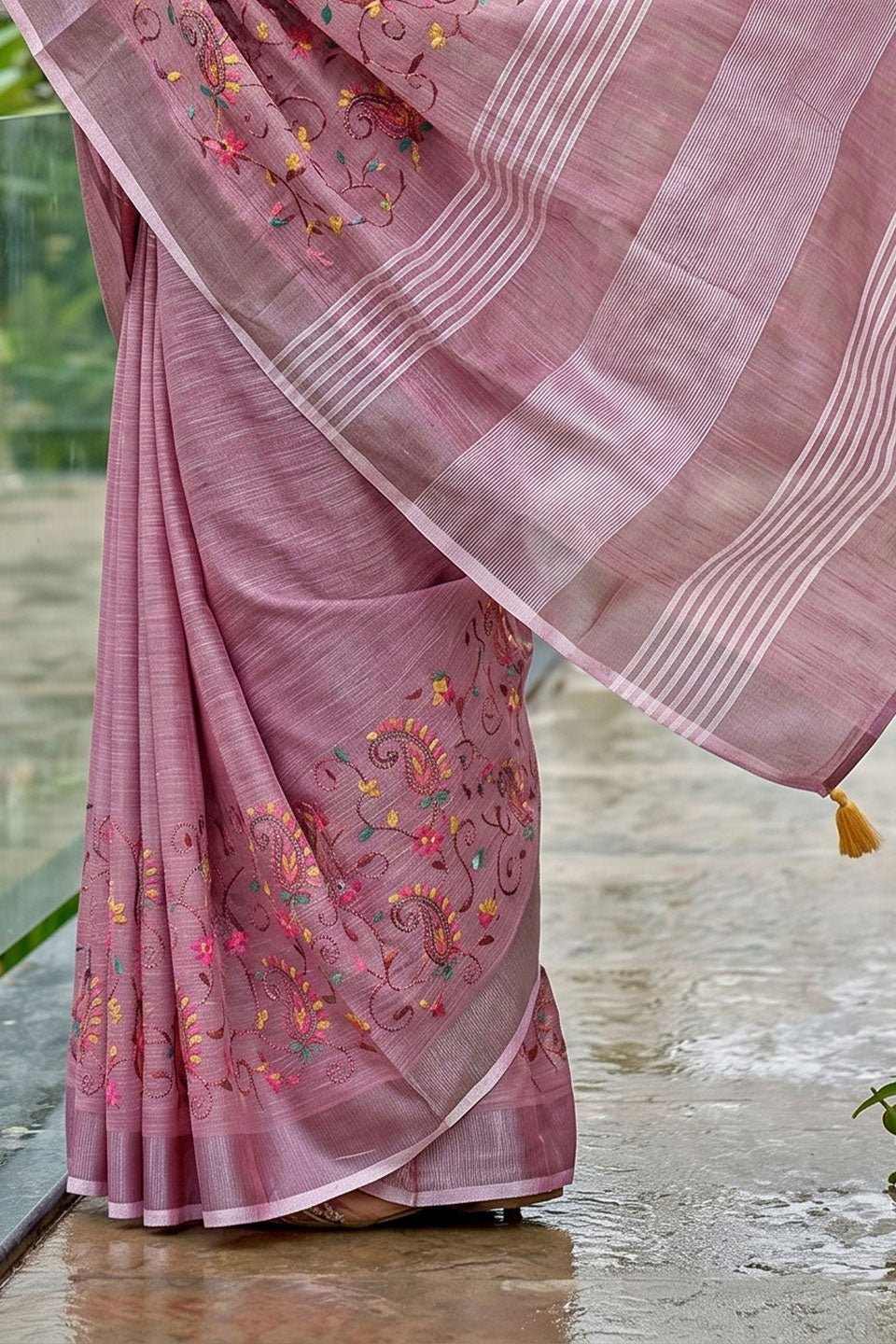 Graceful Linen Purple Embroidered Saree | Buy Online India
