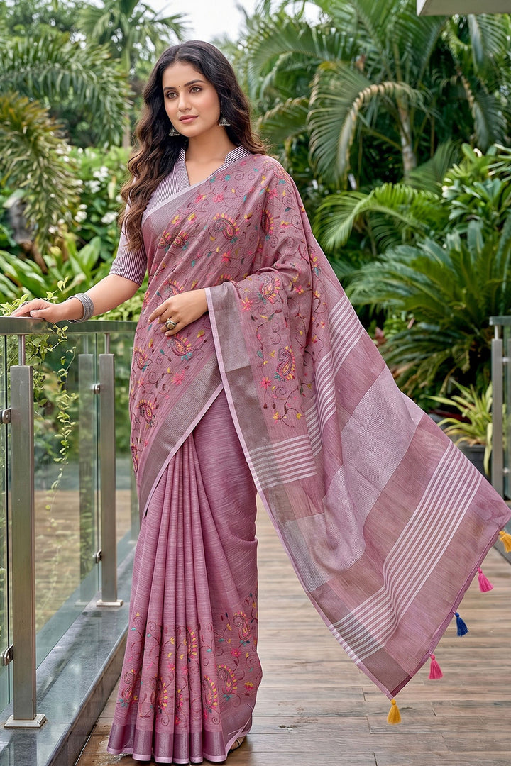 Graceful Linen Purple Embroidered Saree | Buy Online India