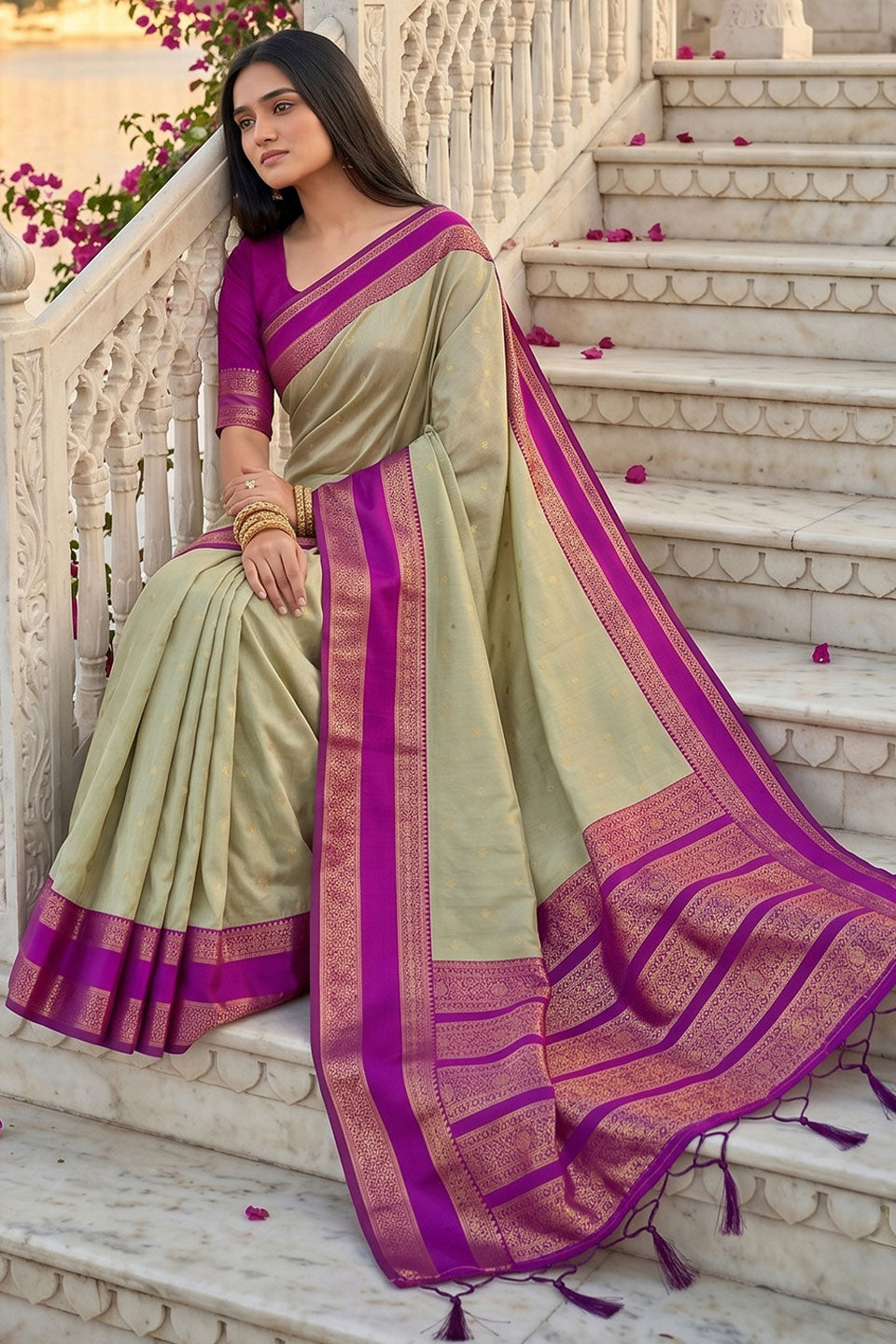 Silk Blend Weaving Saree In Cream Color | Buy Online India