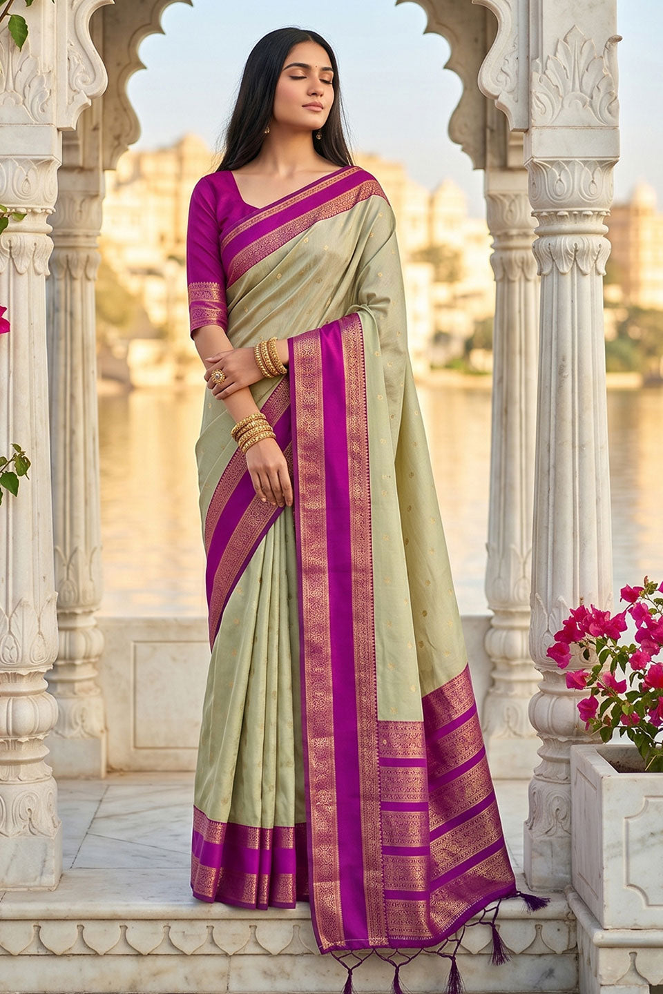 Silk Blend Weaving Saree In Cream Color | Buy Online India