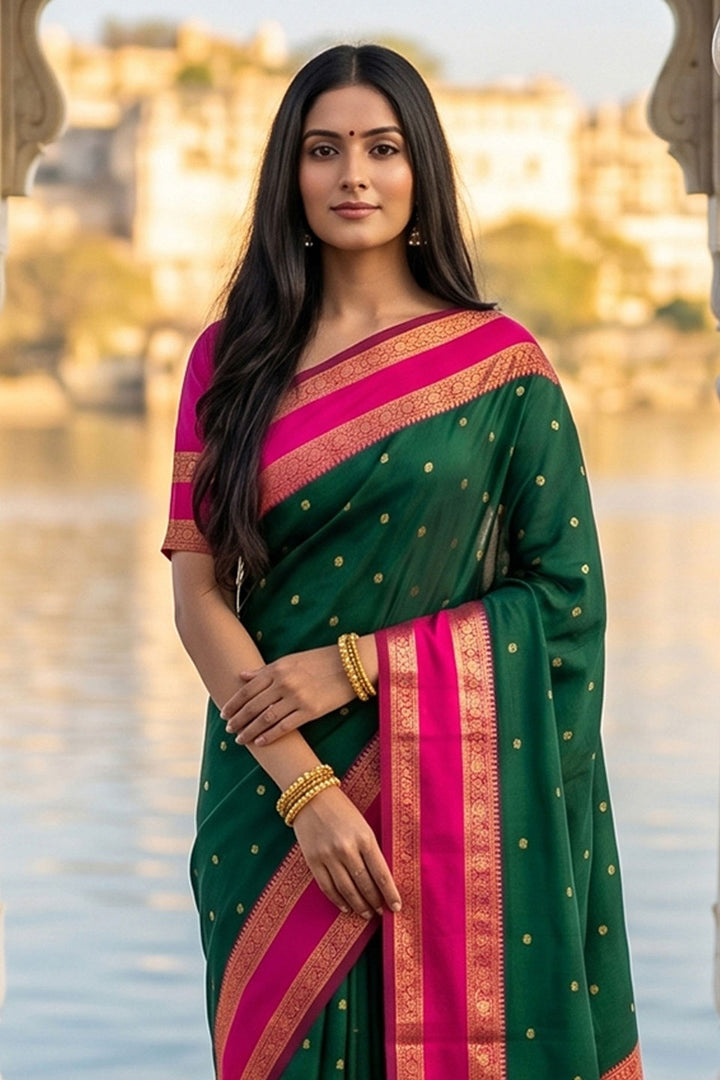 Silk Blend Weaving Saree In Dark Green Color | Buy Online India