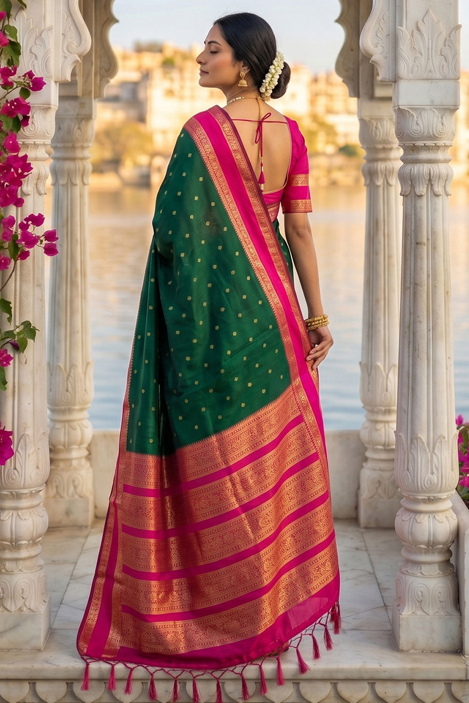 Silk Blend Weaving Saree In Dark Green Color | Buy Online India