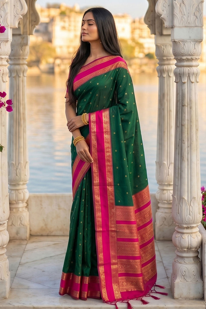 Silk Blend Weaving Saree In Dark Green Color | Buy Online India