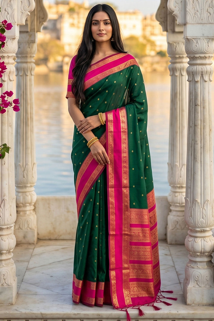 Silk Blend Weaving Saree In Dark Green Color | Buy Online India