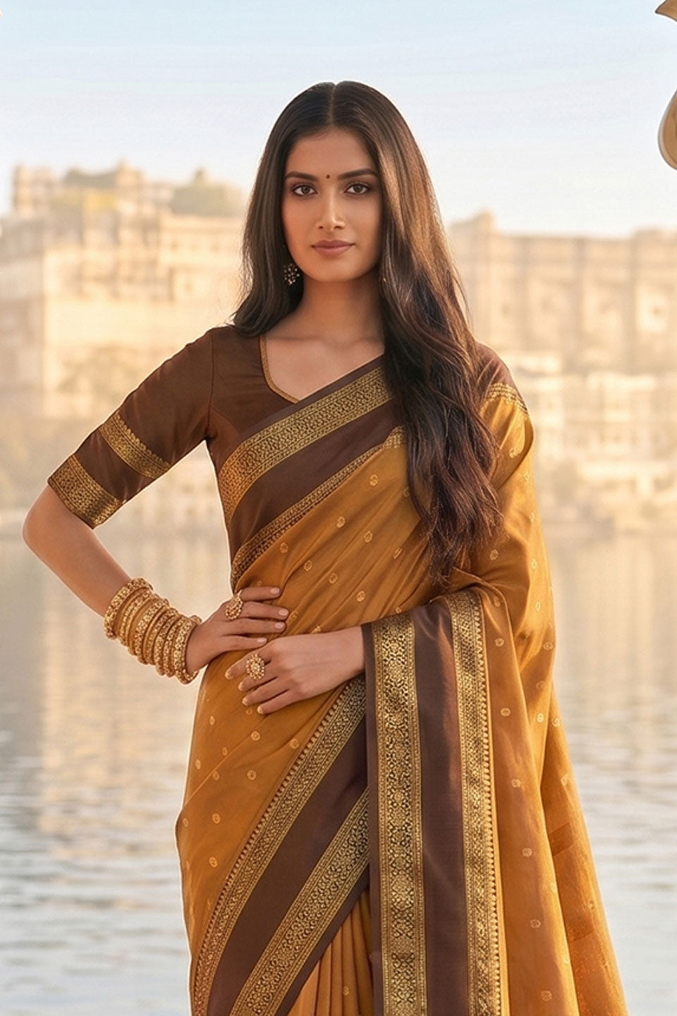 Silk Blend Weaving Saree In Mustard Color | Buy Online India