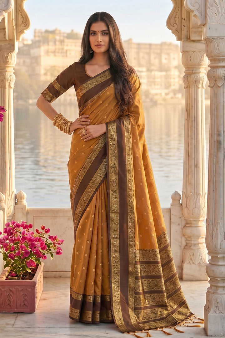 Silk Blend Weaving Saree In Mustard Color | Buy Online India