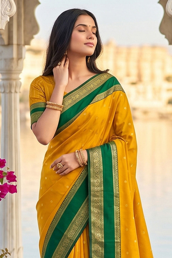 Yellow Festive Wear Silk Blend Weaving Saree | Buy Online India