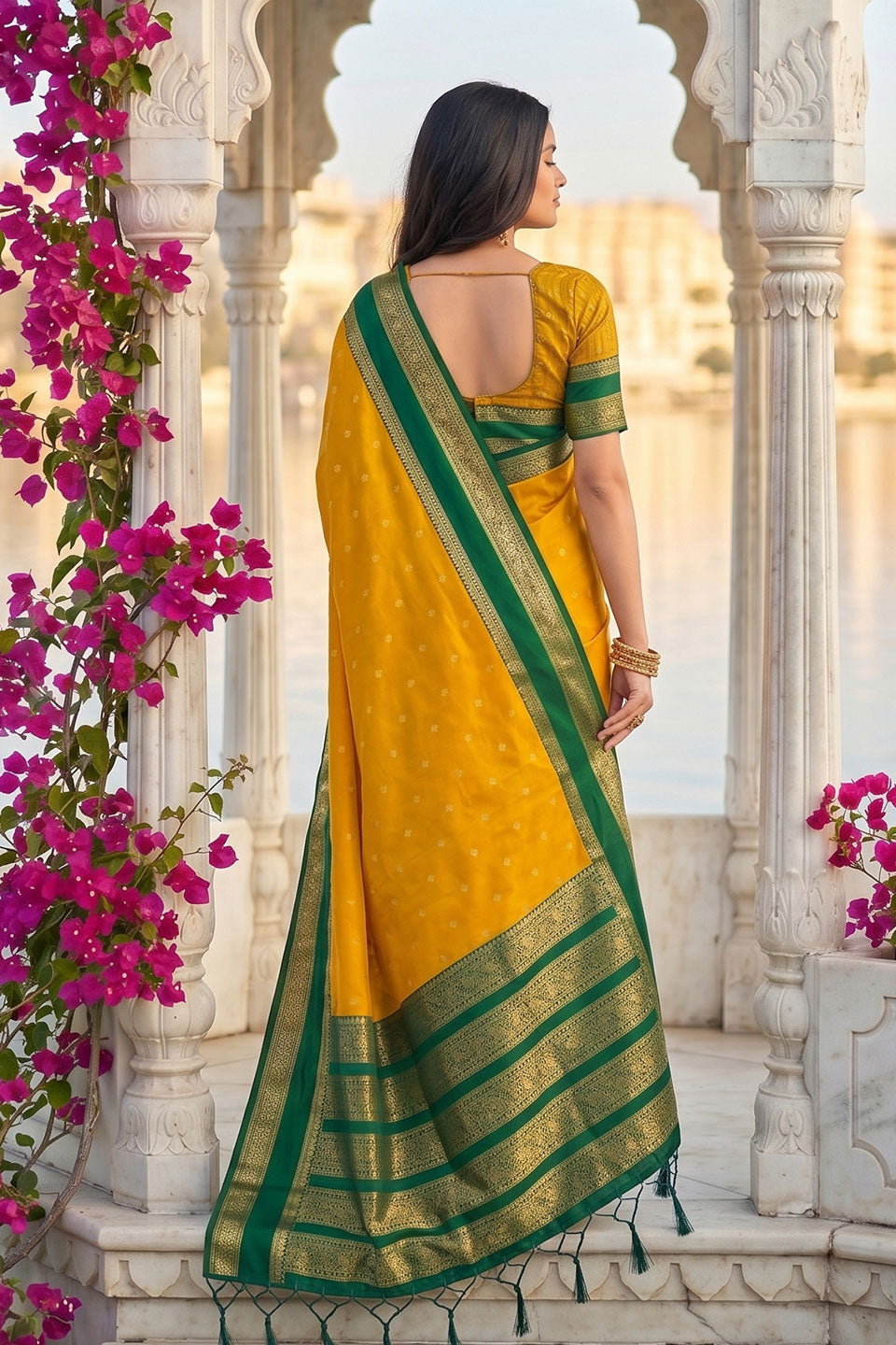 Yellow Festive Wear Silk Blend Weaving Saree | Buy Online India