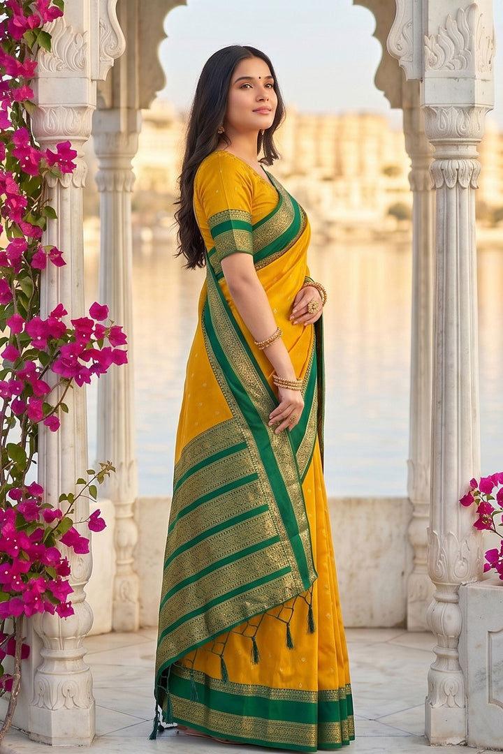 Yellow Festive Wear Silk Blend Weaving Saree | Buy Online India