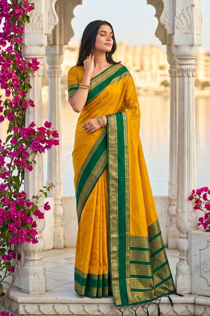 Yellow Festive Wear Silk Blend Weaving Saree | Buy Online India