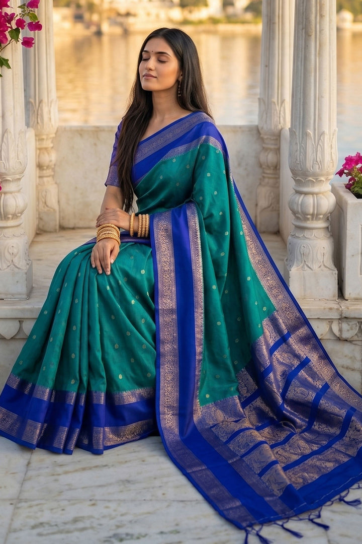Teal Color Silk Blend Weaving Festive Wear Saree | Buy Online India