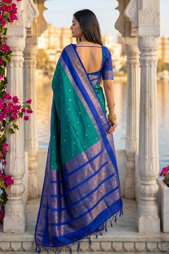 Teal Color Silk Blend Weaving Festive Wear Saree | Buy Online India