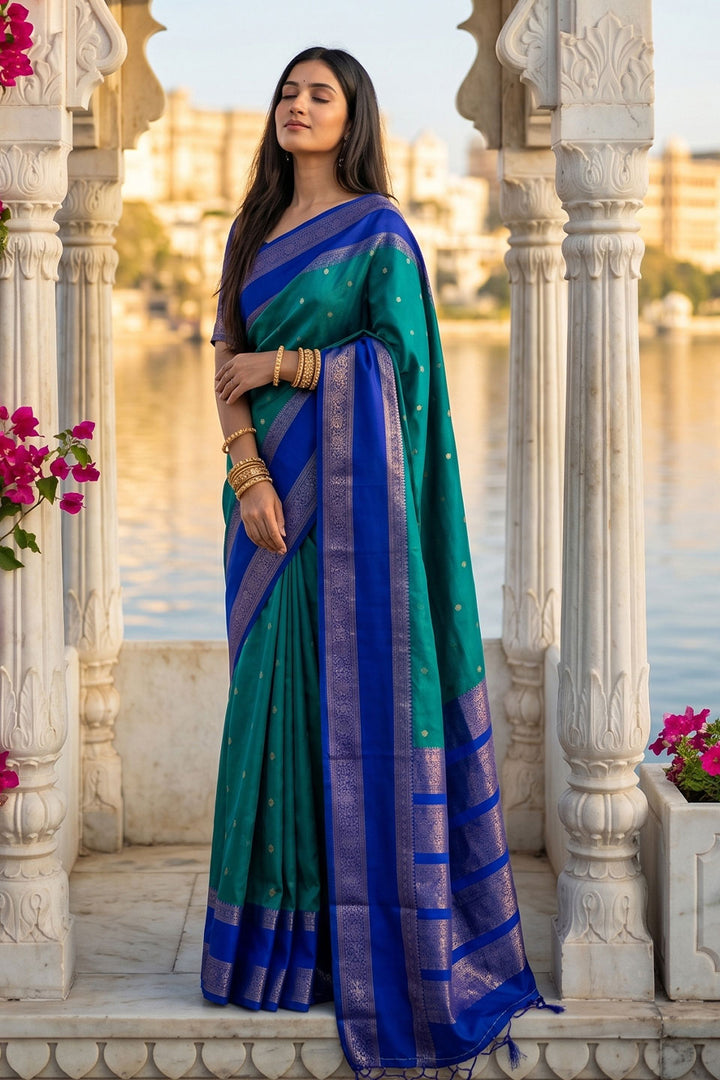 Teal Color Silk Blend Weaving Festive Wear Saree | Buy Online India