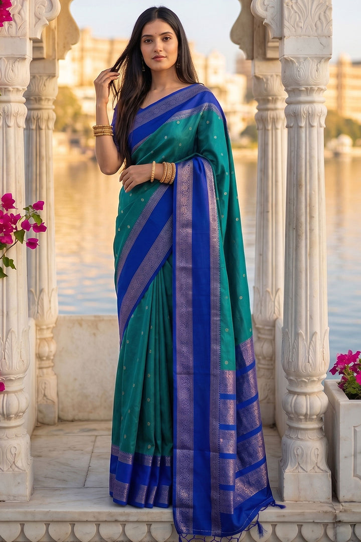 Teal Color Silk Blend Weaving Festive Wear Saree | Buy Online India