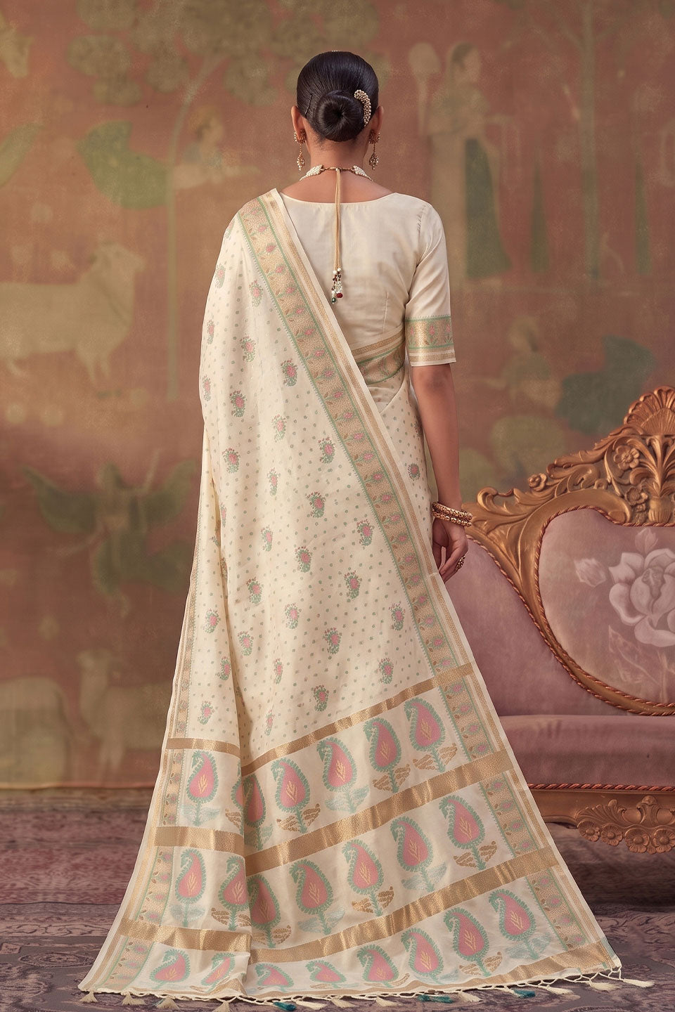 Cream Color Weaving Designs Soft Silk Saree | Buy Online India