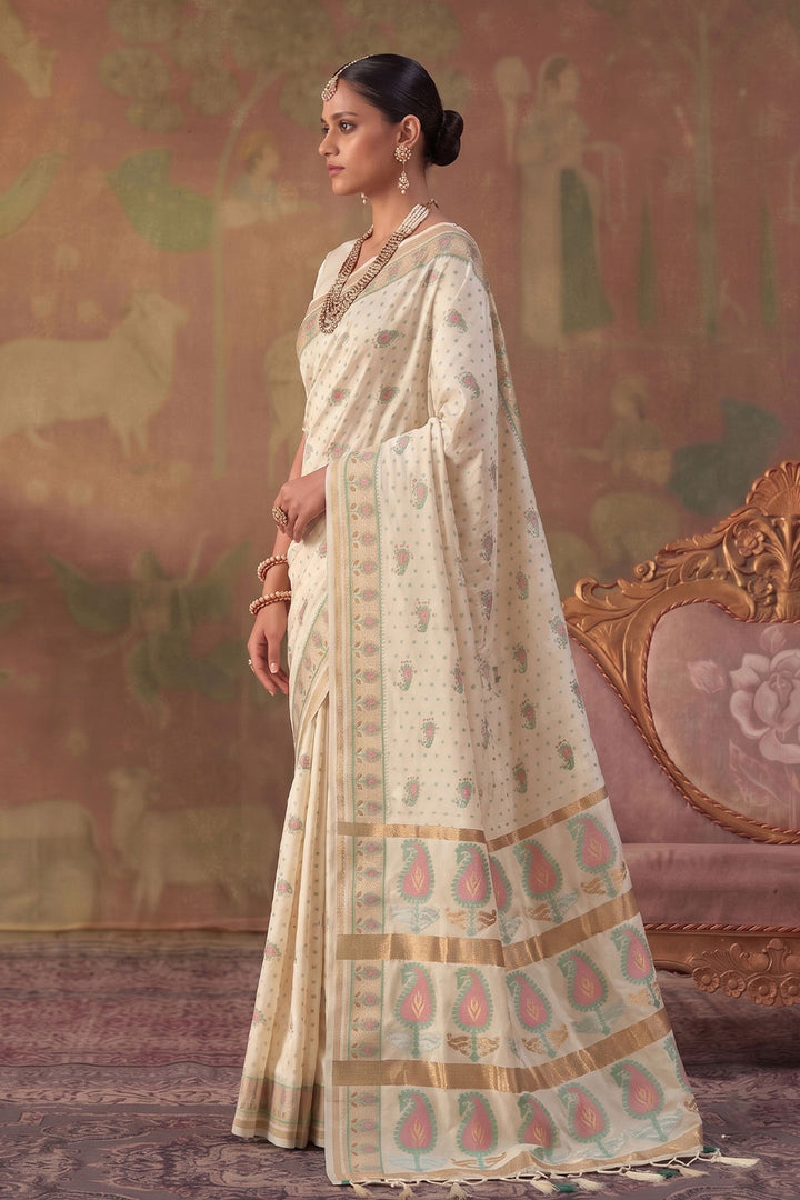 Cream Color Weaving Designs Soft Silk Saree | Buy Online India