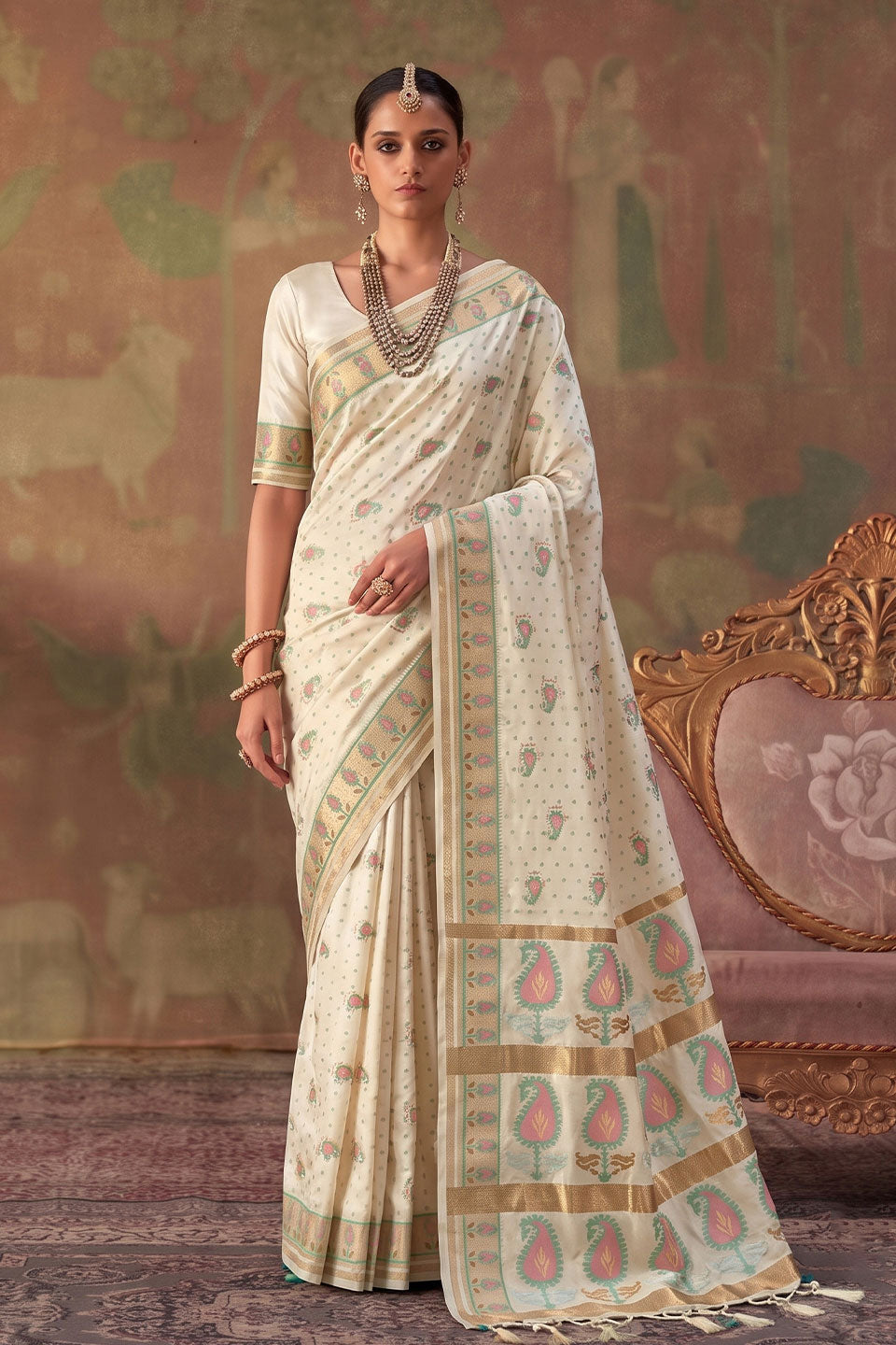 Cream Color Weaving Designs Soft Silk Saree | Buy Online India