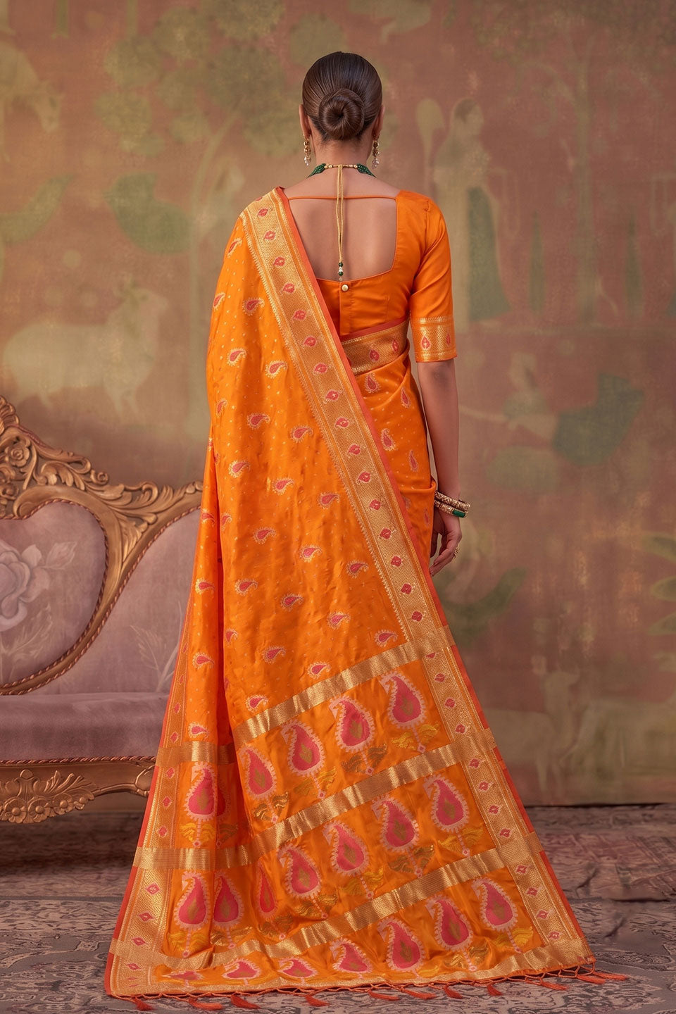 Weaving Designs Orange Color Soft Silk Saree | Buy Online India