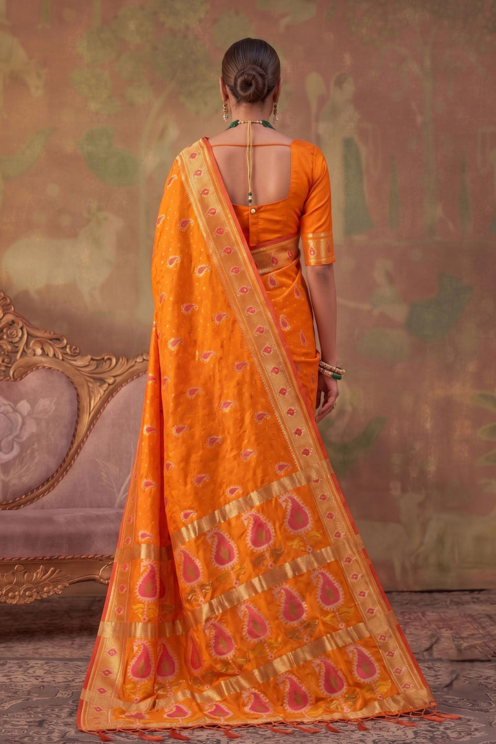 Weaving Designs Orange Color Soft Silk Saree | Buy Online India