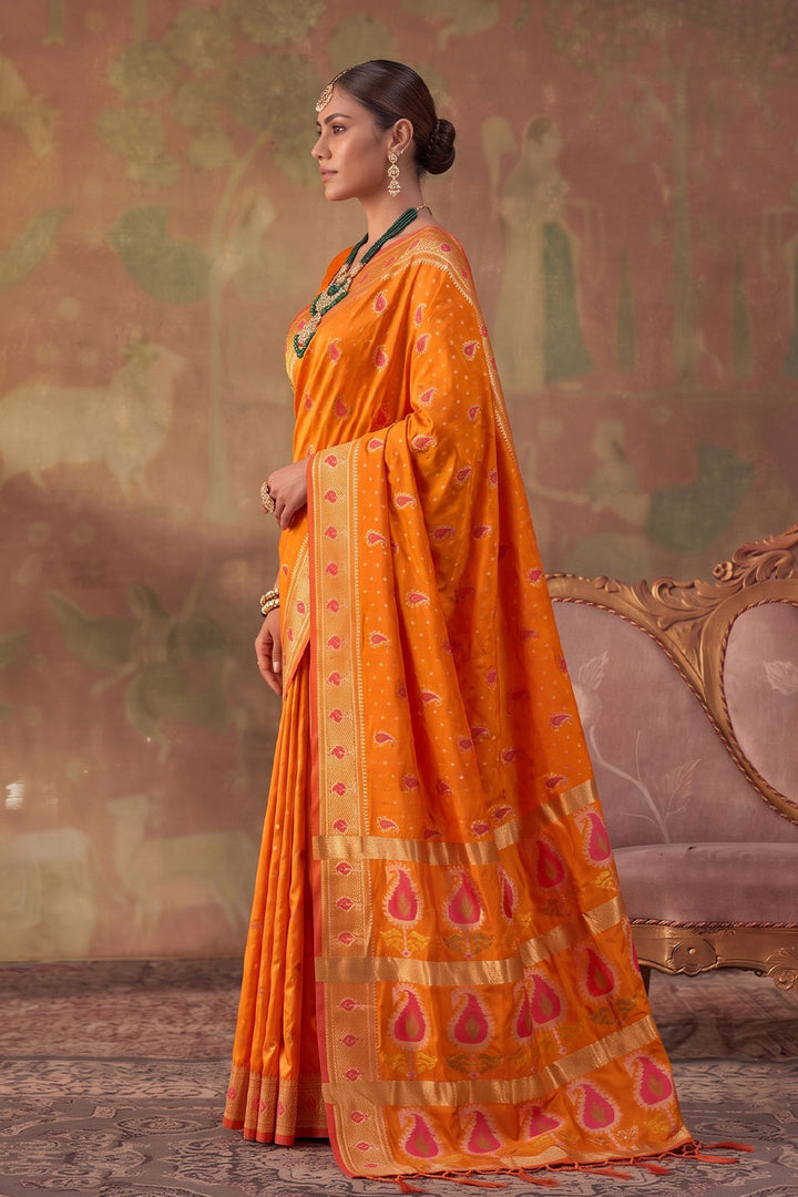 Weaving Designs Orange Color Soft Silk Saree | Buy Online India