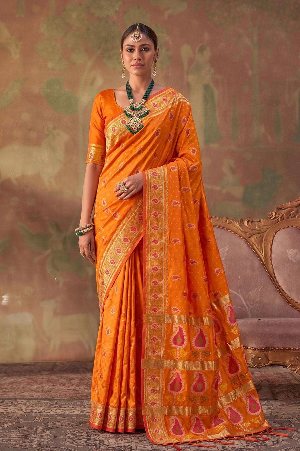 Weaving Designs Orange Color Soft Silk Saree | Buy Online India