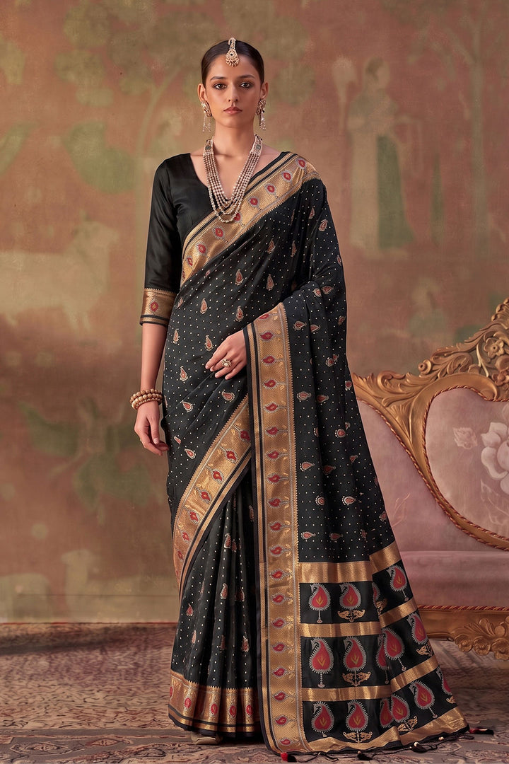 Weaving Designs Black Soft Silk Saree For Festive | Buy Online India