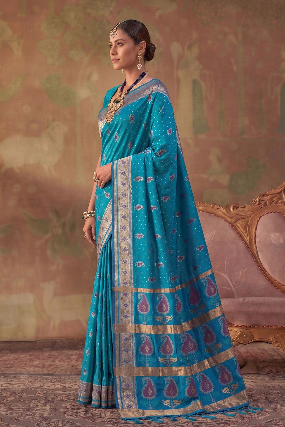 Festive Look Cyan Color Weaving Designs Soft Silk Saree | Buy Online India