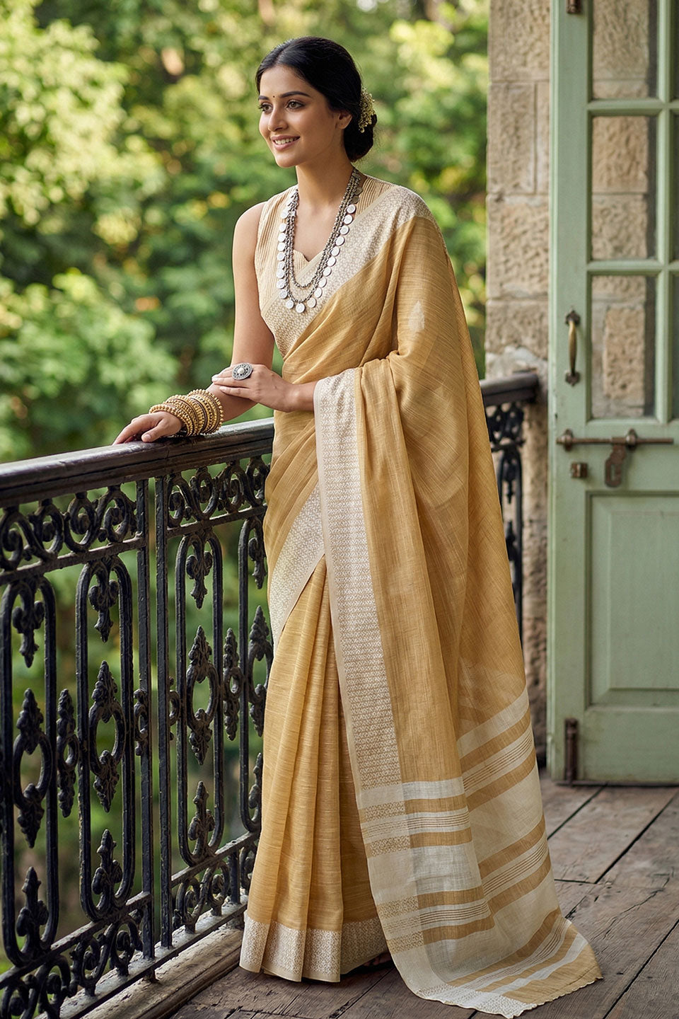 Mustard Color Elegant Linen Festival Wear Saree | Buy Online India