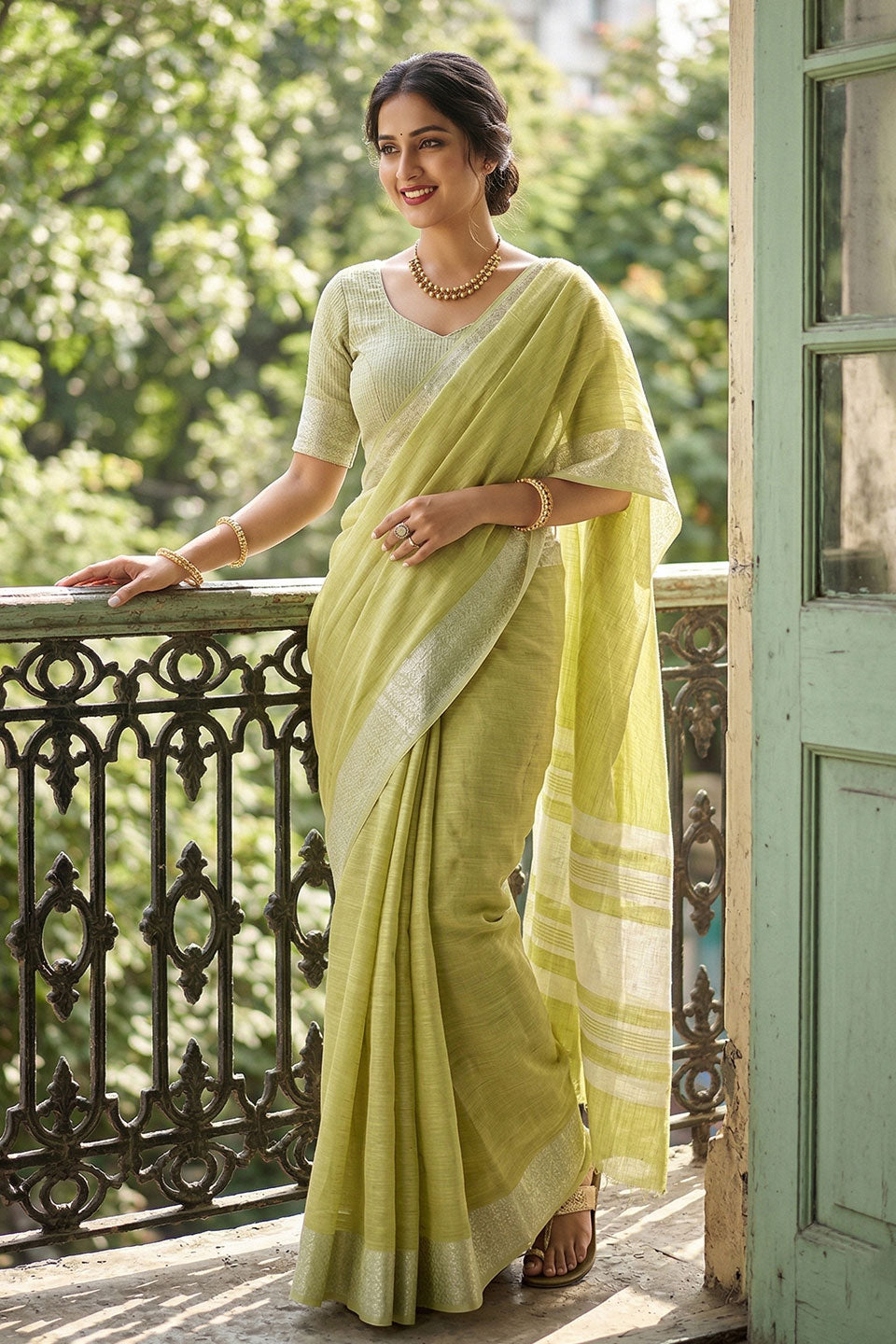 Stunning Green Color Linen Saree for Festival | Buy Online India