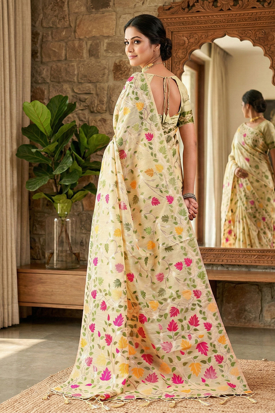 Cream Color Floral Printed Linen Cotton Saree | Buy Online India