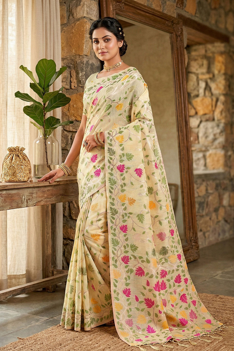 Cream Color Floral Printed Linen Cotton Saree | Buy Online India