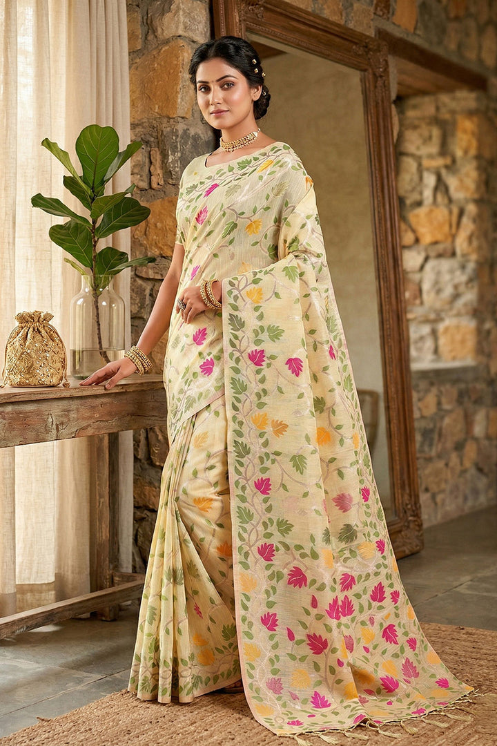 Cream Color Floral Printed Linen Cotton Saree | Buy Online India