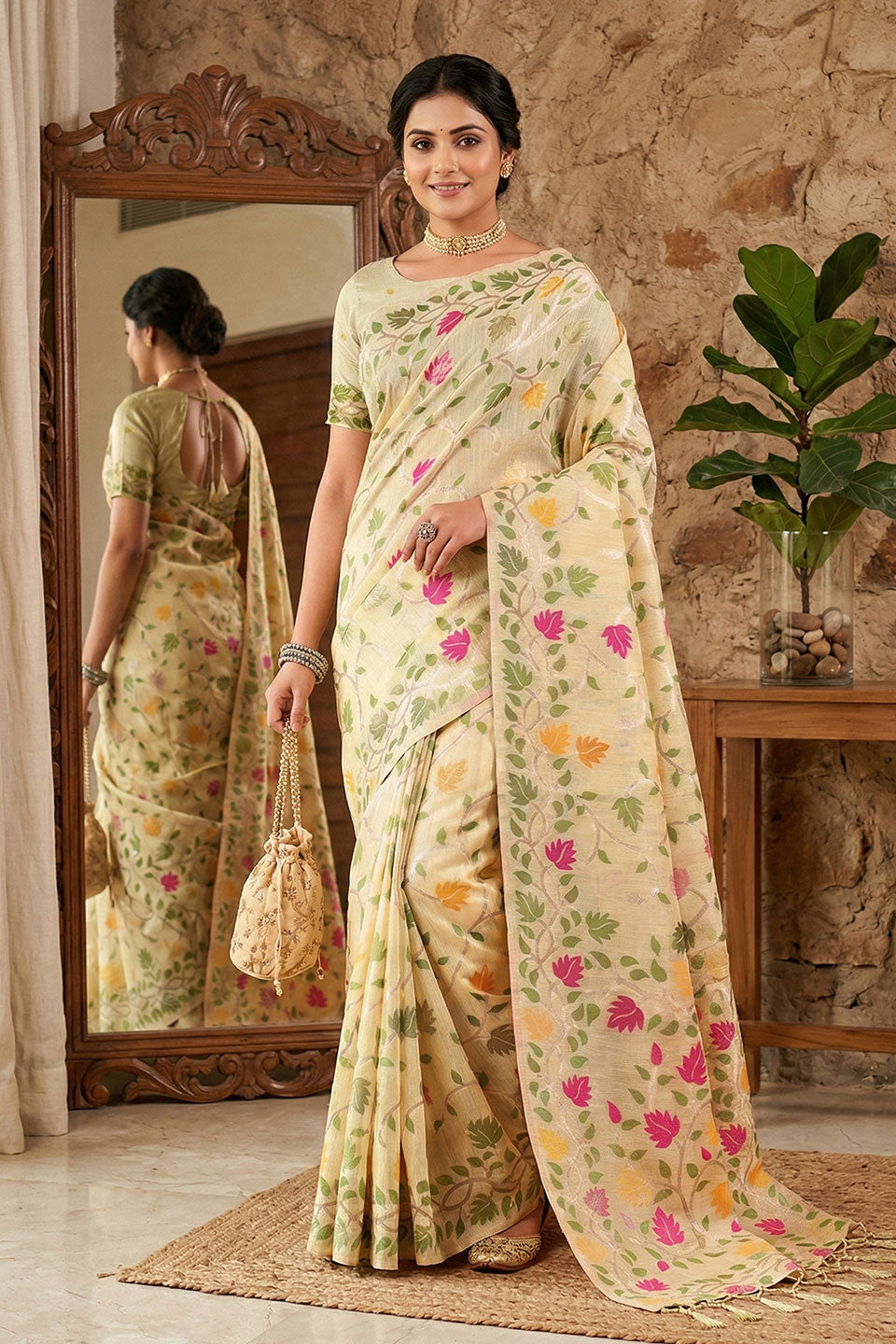 Cream Color Floral Printed Linen Cotton Saree | Buy Online India