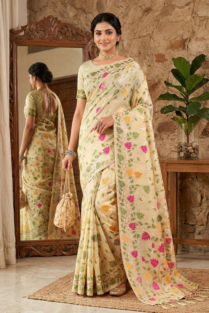 Cream Color Floral Printed Linen Cotton Saree | Buy Online India