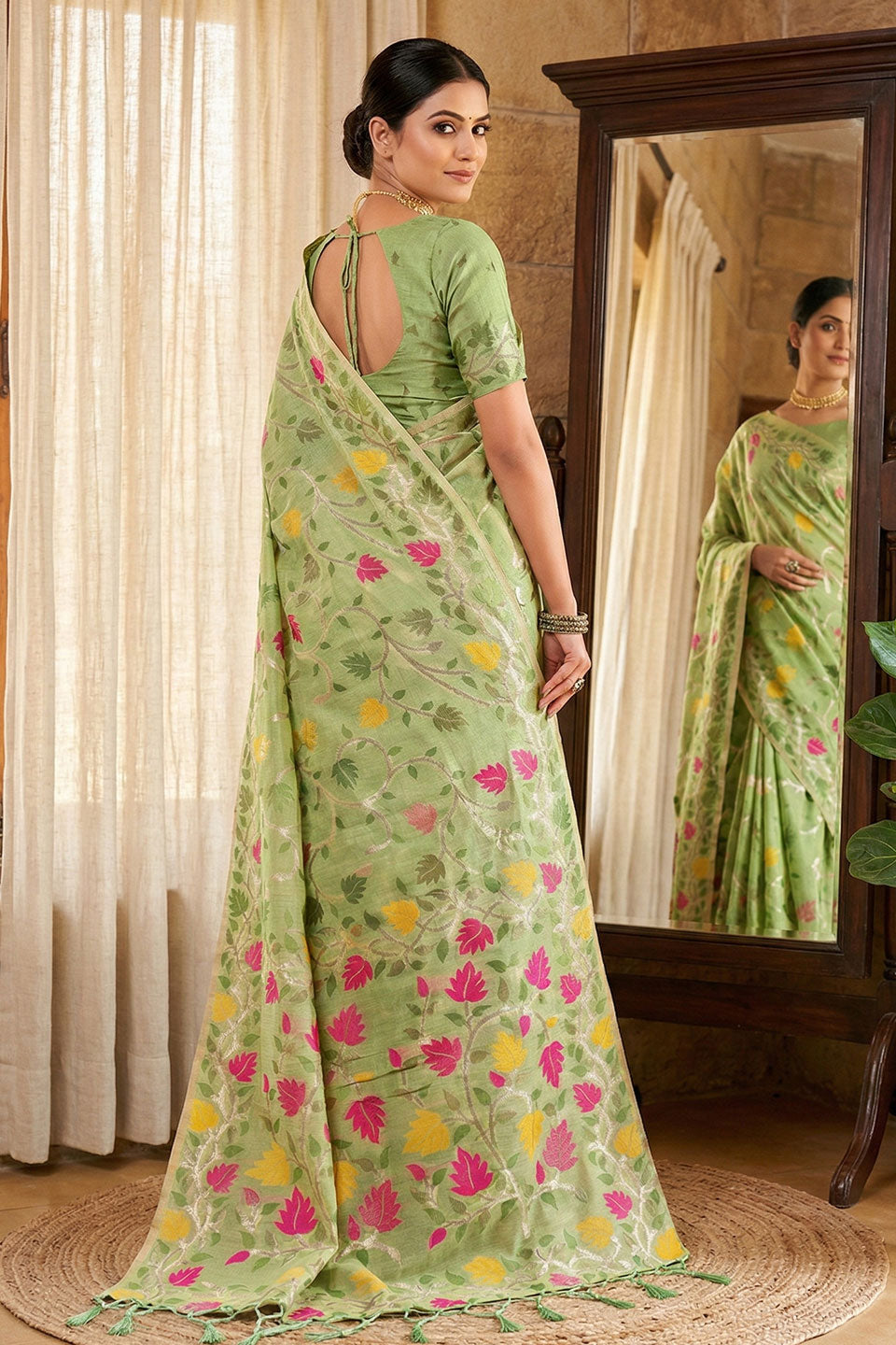 Floral Printed Linen Cotton Saree In Green Color | Buy Online India