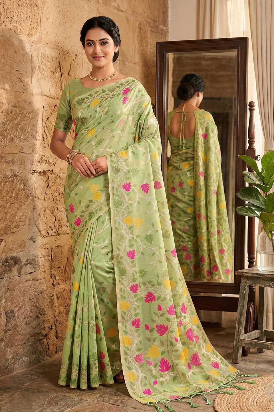 Floral Printed Linen Cotton Saree In Green Color | Buy Online India