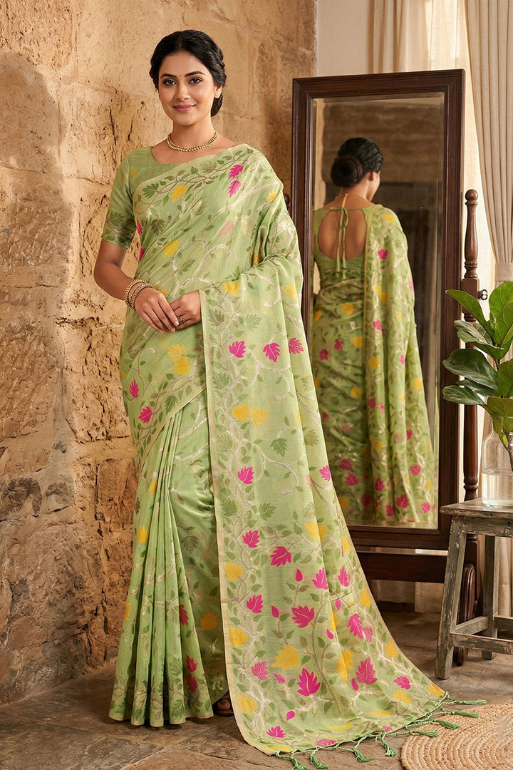 Floral Printed Linen Cotton Saree In Green Color | Buy Online India