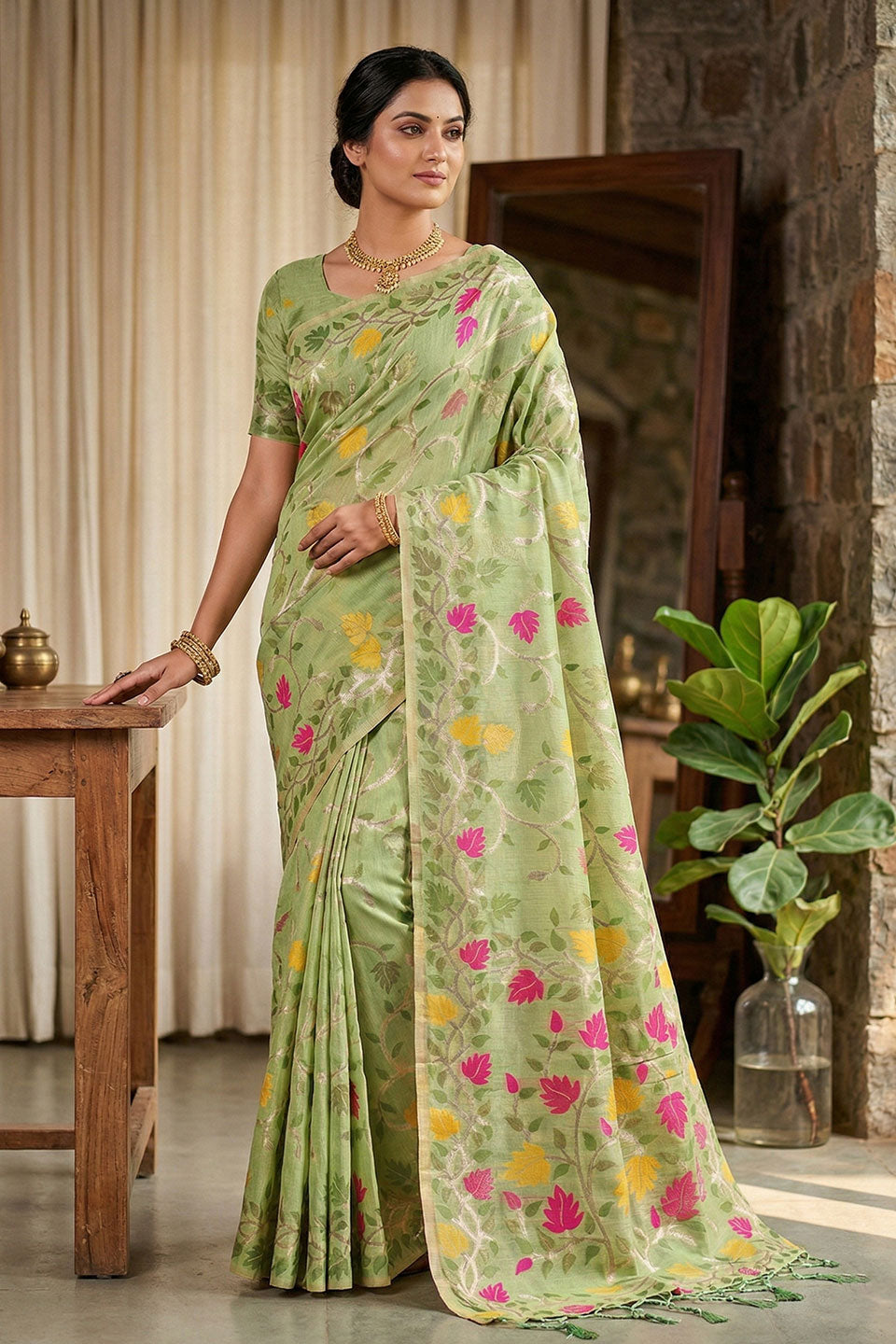 Floral Printed Linen Cotton Saree In Green Color | Buy Online India