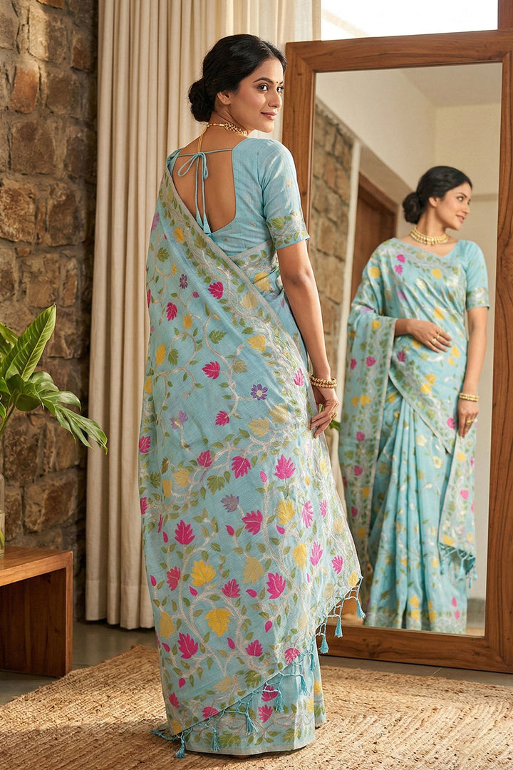Floral Printed Linen Cotton Sky Blue Color Saree | Buy Online India