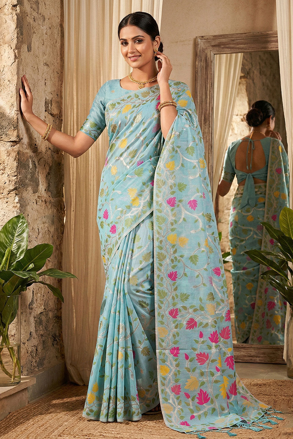 Floral Printed Linen Cotton Sky Blue Color Saree | Buy Online India