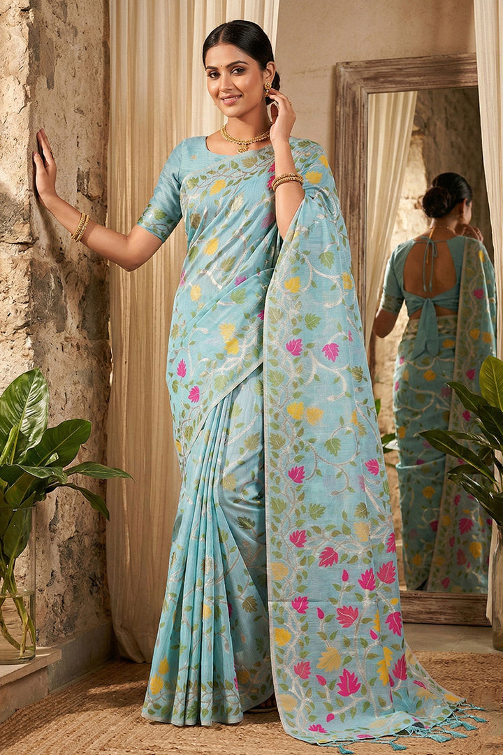 Floral Printed Linen Cotton Sky Blue Color Saree | Buy Online India